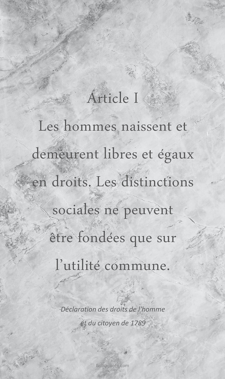 Article I – Les hommes naissent et demeurent libres et égaux en droits. Les distinctions sociales ne peuvent être fondées que sur l’utilité commune.