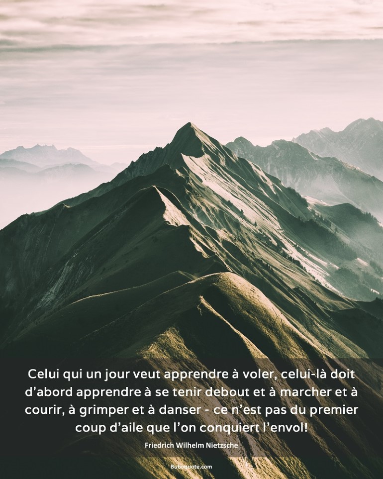 Celui qui un jour veut apprendre à voler, celui-là doit d'abord apprendre à se tenir debout et à marcher et à courir, à grimper et à danser - ce n'est pas du premier coup d'aile que l'on conquiert l’envol!