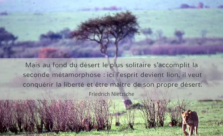 Mais au fond du désert le plus solitaire s’accomplit la seconde métamorphose : ici l’esprit devient lion, il veut conquérir la liberté et être maitre de son propre désert.